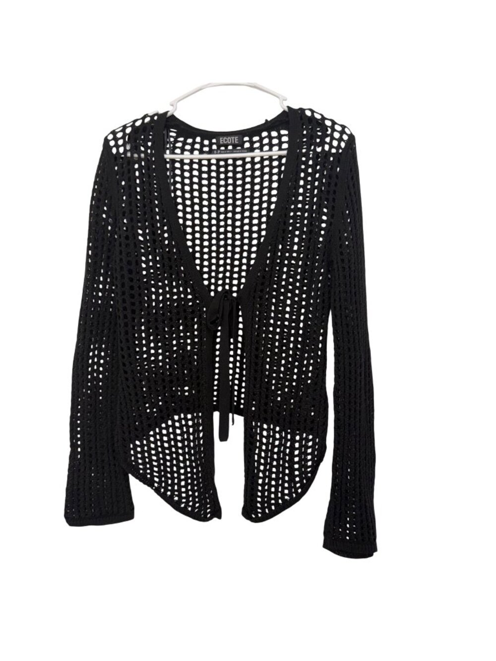 Ecote Black Open Knit Tie-Front Cardigan Sweater Size S/P Acrylic Cotton Blend